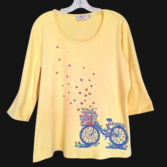 Quacker Factory Botanical Bicycle Top Butter Yellow Cotton Embellished size 1X - Picture 1 of 16